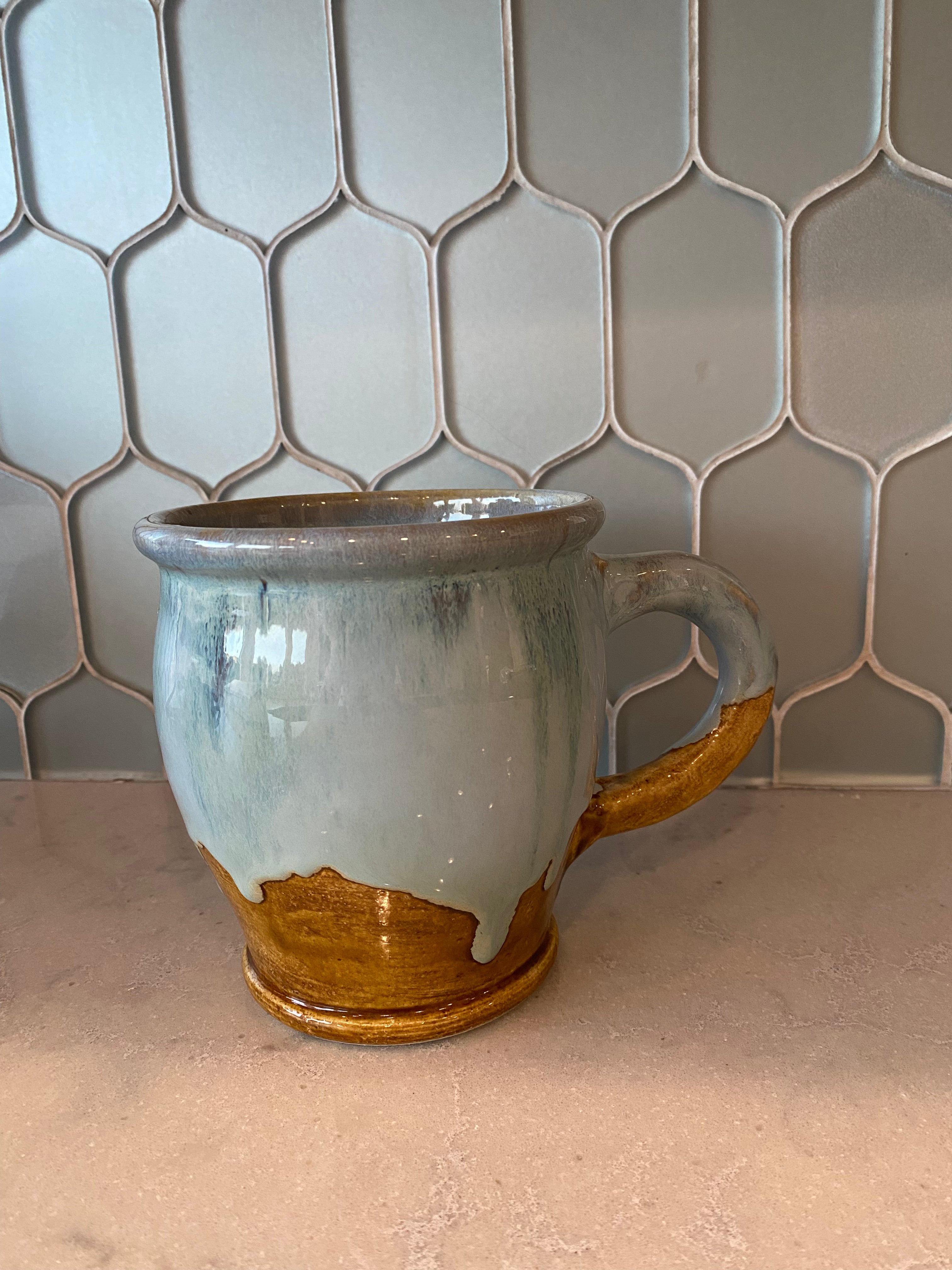 Vintage 1970's -Rowe Pottery Works Hand Thrown Stoneware Mug - Blue Drip Glaze - Coastal