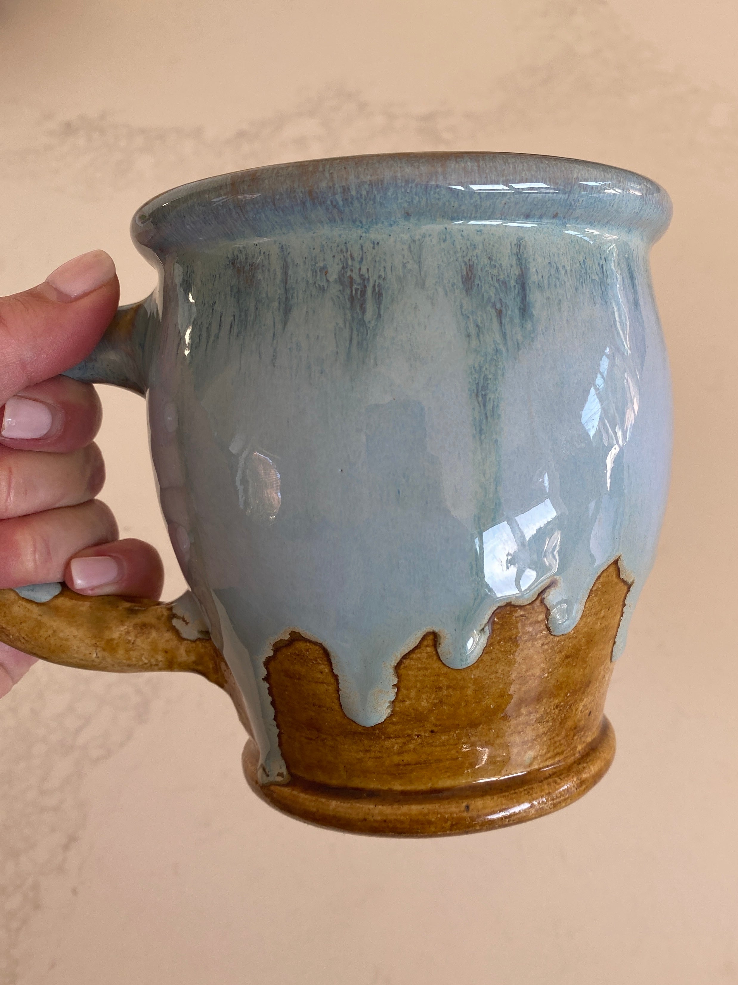 Vintage 1970's -Rowe Pottery Works Hand Thrown Stoneware Mug - Blue Drip Glaze - Coastal